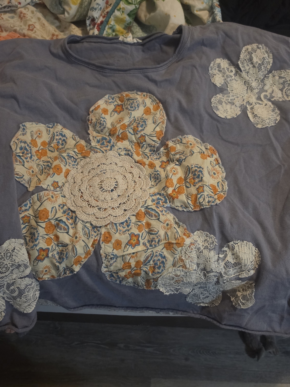Blue Floral Appliqué Sweatshirt with Lace Accents